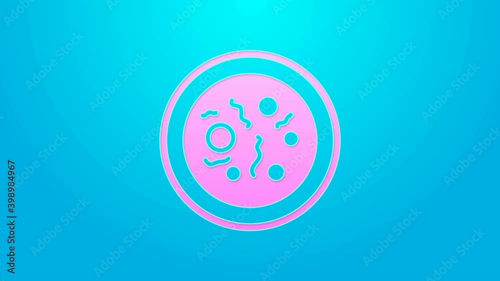 Pink line Petri dish with bacteria icon isolated on blue background. 4K Video motion graphic animation Pink line Petri dish with bacteria icon isolated on blue background. 4K Video motion graphic animation