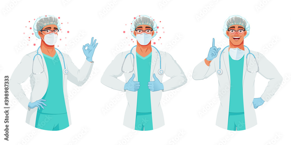 Ταπετσαρία Doctor in mask, hat and gloves shows OK, thumbs up, finger points up