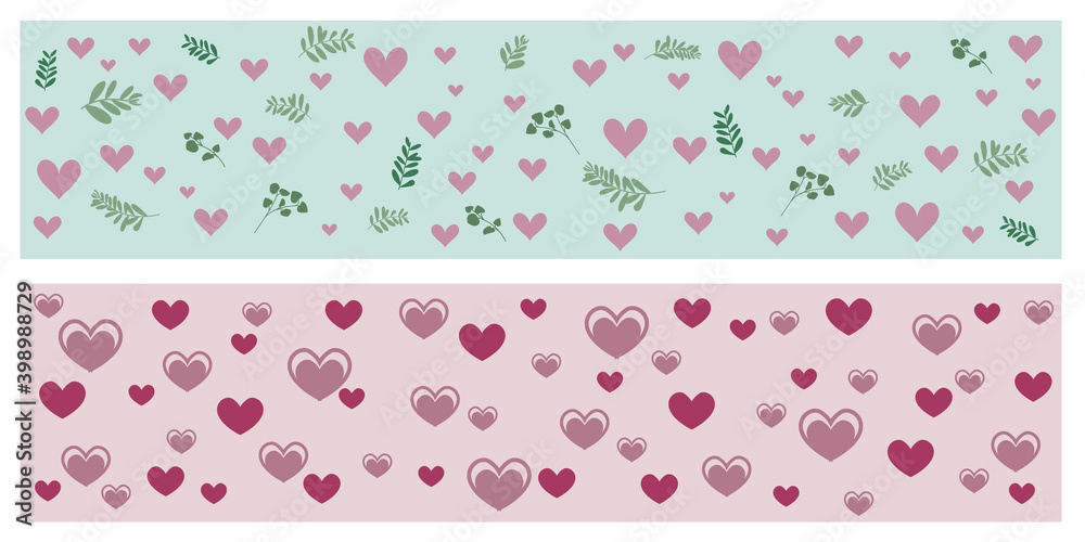 Spring concept wall paper decoration with hearts and leaves. Valentine's day illustration. バレンタインデーイラスト、スプリング壁紙イラスト