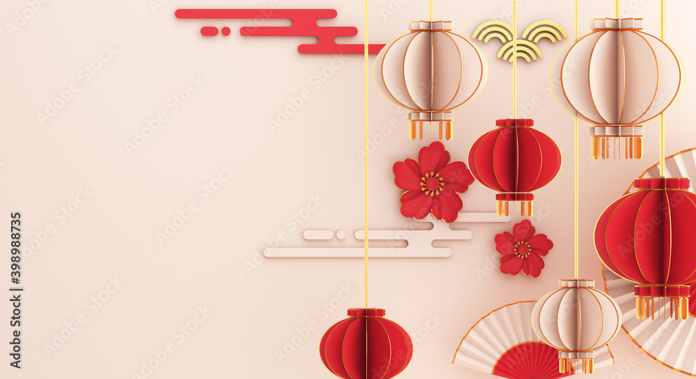 Happy Chinese new year or mid autumn decoration background with lantern, red paper hand fan umbrella, flower, copy space text, 3D rendering illustration