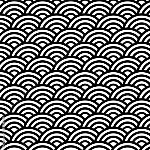 Black White Fish Scale Japanese Style Pattern. The circle shape is perfect for wallpaper, fabric, background, card and tile pattern.