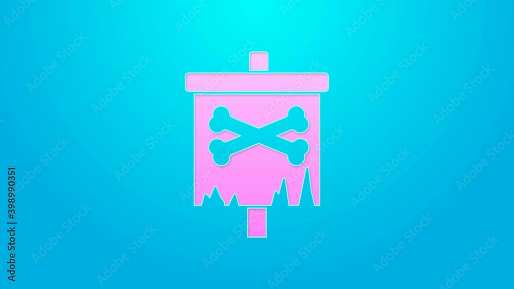 Pink line Pirate flag icon isolated on blue background. 4K Video motion graphic animation Pink line Pirate flag icon isolated on blue background. 4K Video motion graphic animation