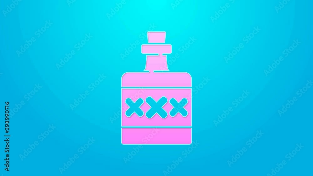 Pink line Alcohol drink Rum bottle icon isolated on blue background. 4K Video motion graphic animation Pink line Alcohol drink Rum bottle icon isolated on blue background. 4K Video motion graphic animation