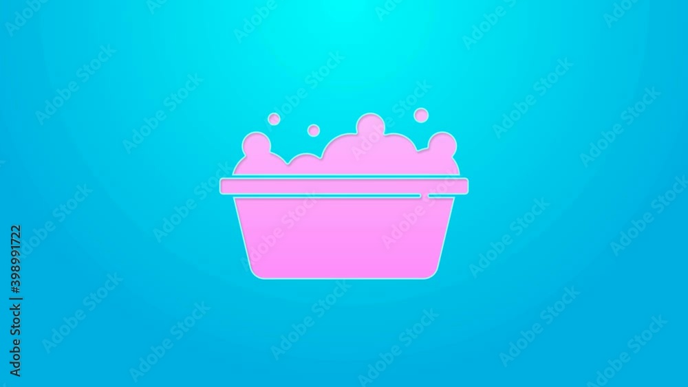 Pink line Baby bathtub with foam bubbles inside icon isolated on blue background. 4K Video motion graphic animation Pink line Baby bathtub with foam bubbles inside icon isolated on blue background. 4K Video motion graphic animation