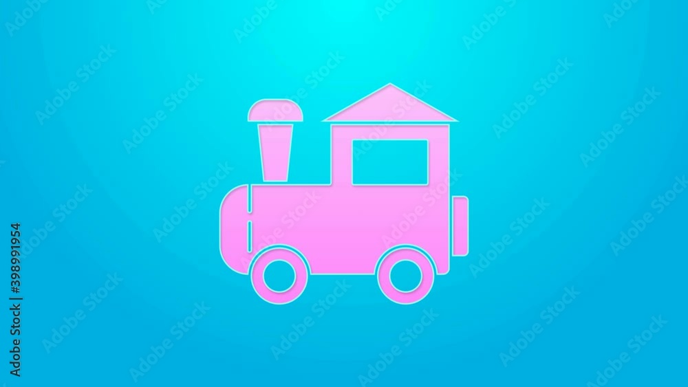 Pink line Toy train icon isolated on blue background. 4K Video motion graphic animation Pink line Toy train icon isolated on blue background. 4K Video motion graphic animation