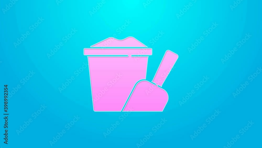 Pink line Sand in bucket with shovel icon isolated on blue background. Plastic kid toy. Summer icon. 4K Video motion graphic animation Pink line Sand in bucket with shovel icon isolated on blue background. Plastic kid toy. Summer icon. 4K Video motion graphic animation