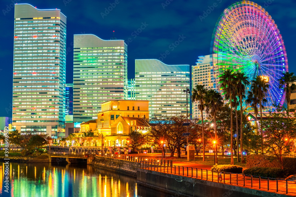 Yokohama city skyline at dusk viewed from the bay Yokohama city skyline at dusk viewed from the bay