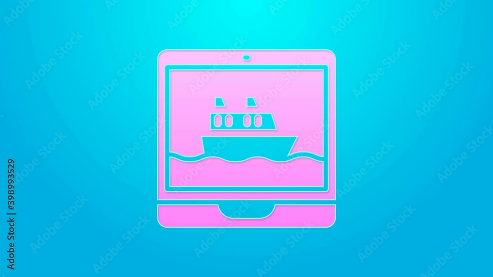 Pink line Cruise ship icon isolated on blue background. Travel tourism nautical transport. Voyage passenger ship, cruise liner. Worldwide cruise. 4K Video motion graphic animation Pink line Cruise ship icon isolated on blue background. Travel tourism nautical transport. Voyage passenger ship, cruise liner. Worldwide cruise. 4K Video motion graphic animation