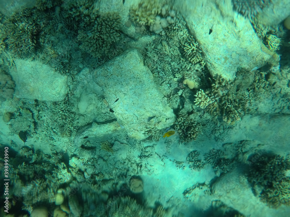 A mysterious jumble of limestone building blocks at the bottom of the Red Sea. Sharm El Sheikh, Egypt