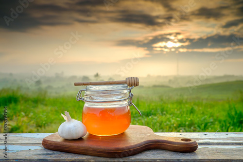 Alternative medicine with fresh honey and garlic on wooden table with blurred background.