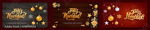 Feliz Navidad - Merry christmas in spanish language  card template bundle set glitter gold elements, snowflakes, stars and calligraphy