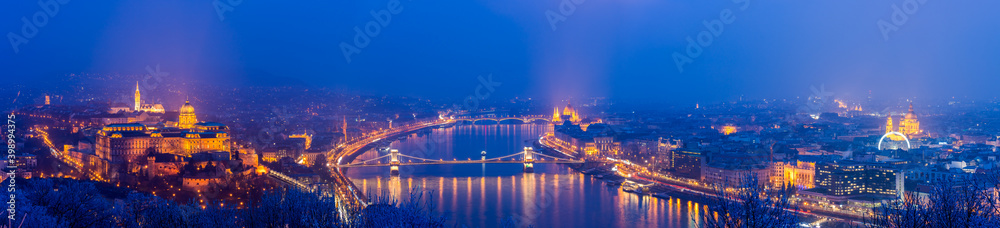 Panorama of Budapest at dusk overlooking Chain bridge and Parliament. Hungary