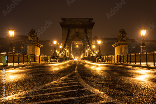 Chain Bridge in Budapest illuminated at night. Hungary 