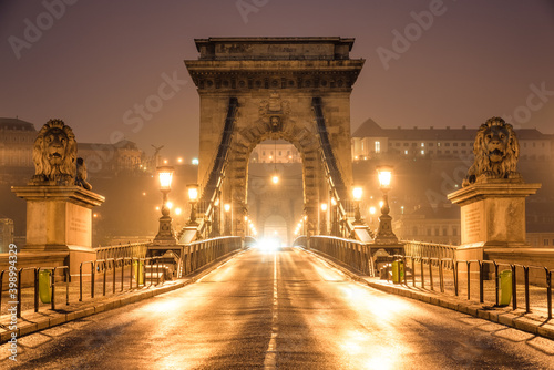 Chain Bridge in Budapest illuminated at night. Hungary 