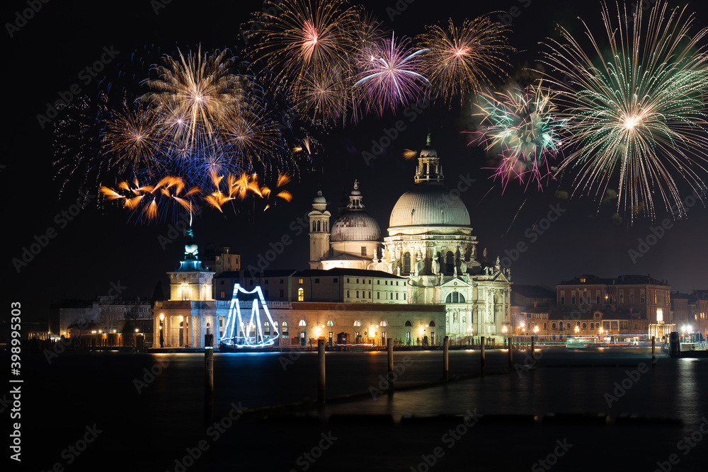 Firework display near Santa Maria Cathedral in Venice, Italy