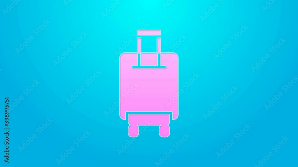 Pink line Suitcase for travel icon isolated on blue background. Traveling baggage sign. Travel luggage icon. 4K Video motion graphic animation Pink line Suitcase for travel icon isolated on blue background. Traveling baggage sign. Travel luggage icon. 4K Video motion graphic animation