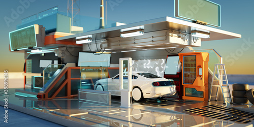 Electric car at futuristic charging station.3D rendering.
