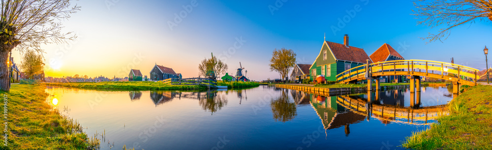 Beautiful Dutch scenery panorama of Zaanse Schans windmill village in Netherlands 