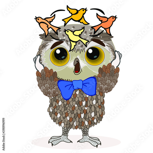 cartoon emoticon with a stunned, discouraged, bumped owl, with birds circling over his head, color clip-art, emoji on white isolated background