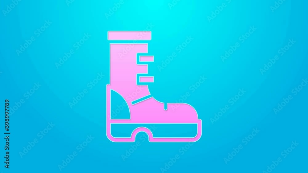 Pink line Waterproof rubber boot icon isolated on blue background. Gumboots for rainy weather, fishing, gardening. 4K Video motion graphic animation Pink line Waterproof rubber boot icon isolated on blue background. Gumboots for rainy weather, fishing, gardening. 4K Video motion graphic animation