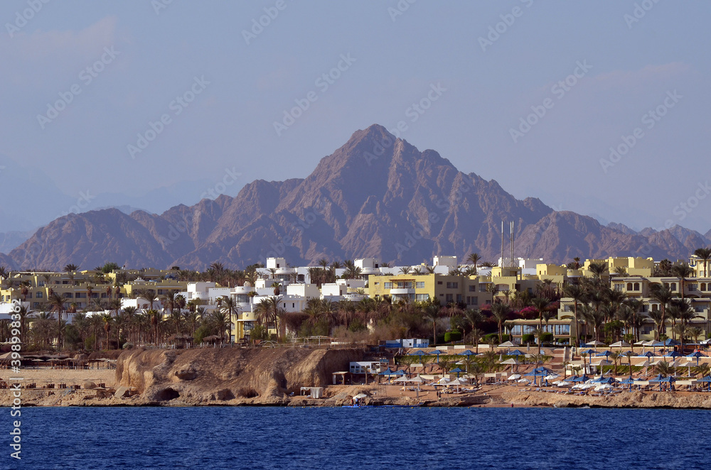 Resorts and hotels at coast of Sharm El Sheikh from yacht. Sharm El Sheikh, Egypt