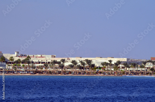 Resorts and hotels at coast of Sharm El Sheikh from yacht. Sharm El Sheikh, Egypt