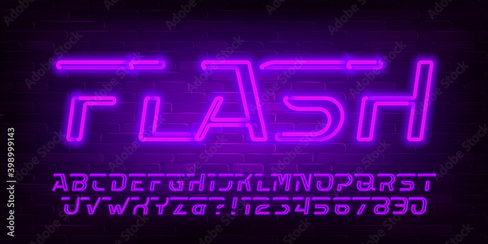 Flash alphabet font. Purple neon light letters, numbers and symbols. Brick wall background. Stock vector typescript for your design.