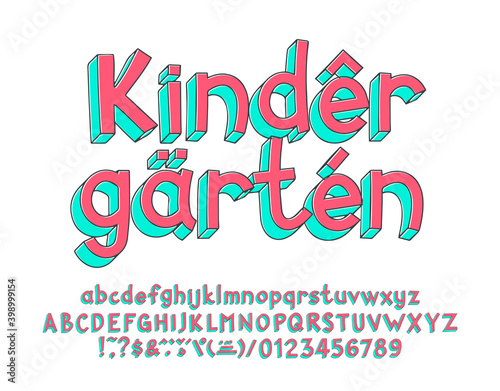 Kindergarten alphabet font. 3D handwritten uppercase and lowercase letters. Playful numbers and diacritic symbols. Stock vector typeface for your design.