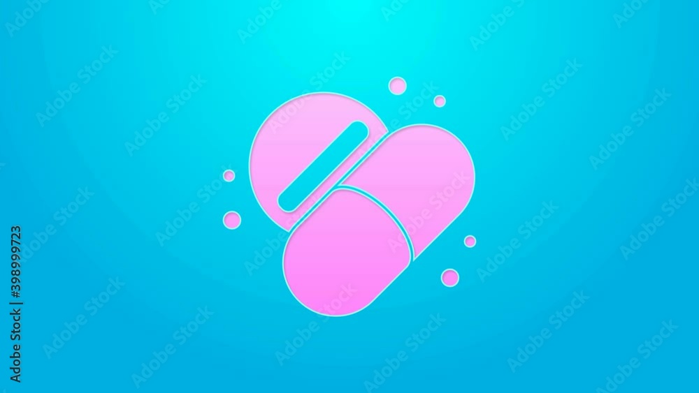 Pink line Medicine pill or tablet icon isolated on blue background. Capsule pill and drug sign. Pharmacy design. 4K Video motion graphic animation Pink line Medicine pill or tablet icon isolated on blue background. Capsule pill and drug sign. Pharmacy design. 4K Video motion graphic animation