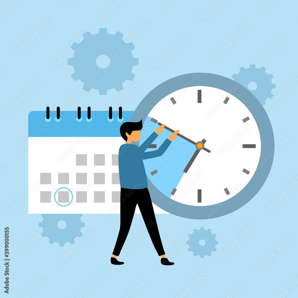 Time management concept vector illustration on blue background. Man with big clock and calendar on background in flat design. Time management concept vector illustration on blue background. Man with big clock and calendar on background in flat design.