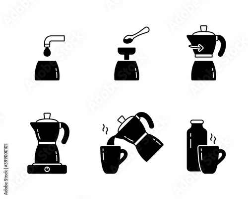 Geyser coffee maker, silhouette instruction. Preparation of homemade espresso or coffee with milk on stove. Black outline icon. Isolated vector pictogram, white background