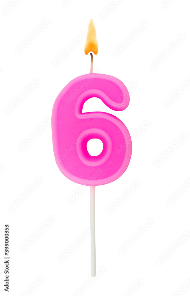 Burning birthday candles isolated on white background, number 6 Burning birthday candles isolated on white background, number 6
