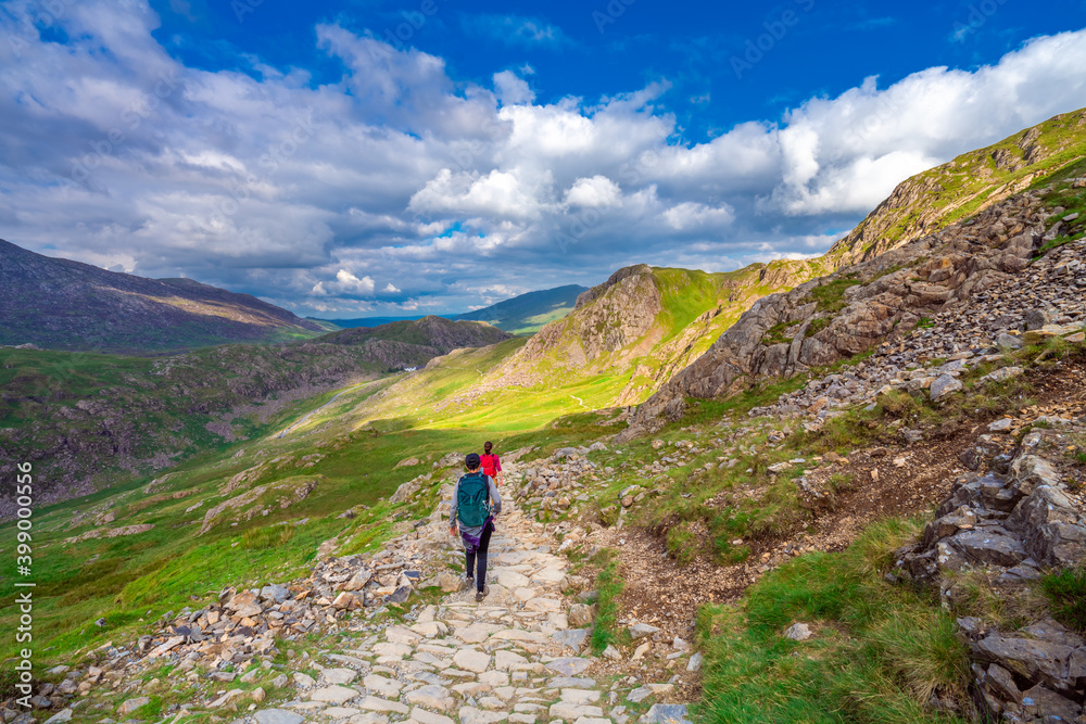 Toourist hiking in Snowdonia. North Wales. UK