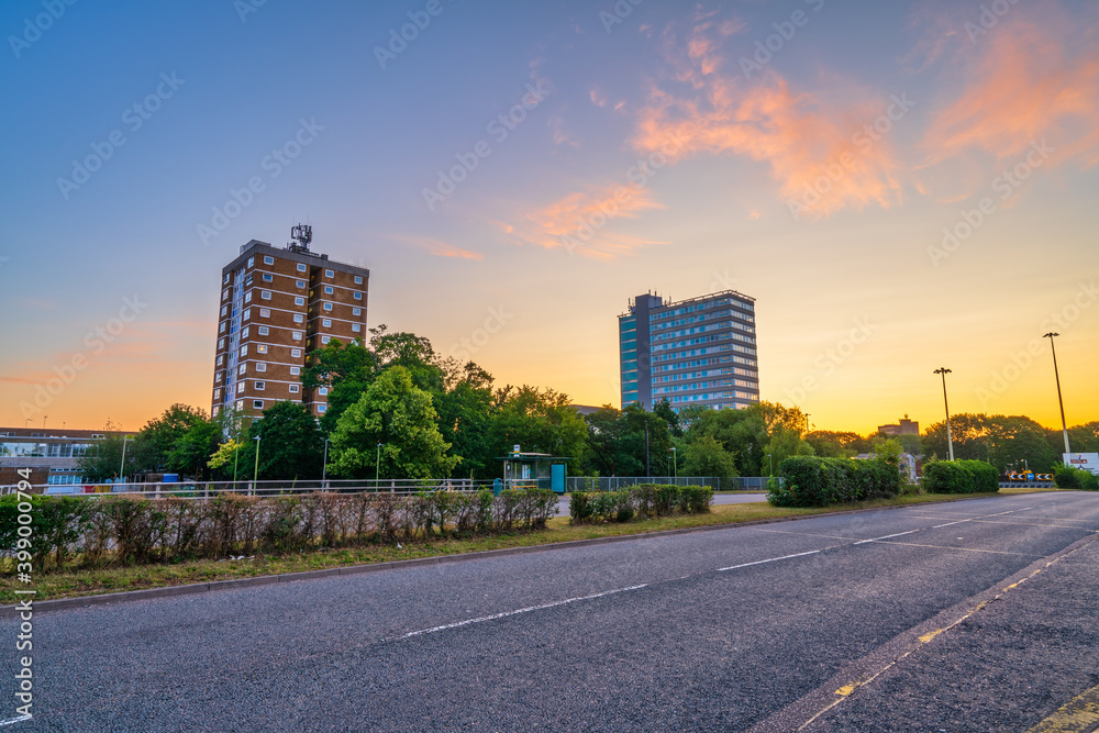 Skyscrapers of Stevenage city sat sunrise. England Skyscrapers of Stevenage city sat sunrise. England