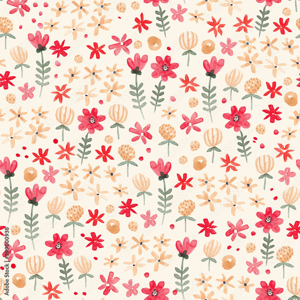 Childish seamless pattern with flowers. Perfect for kids fabric, textile, nursery wallpaper. Watercolor illustration.