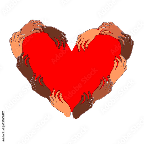 Heart in the arms of many hands with different skin colors. Blackleaves matter BALM anti racism racial equality skin tone hearts vector design for protest and activism against racial injustice 