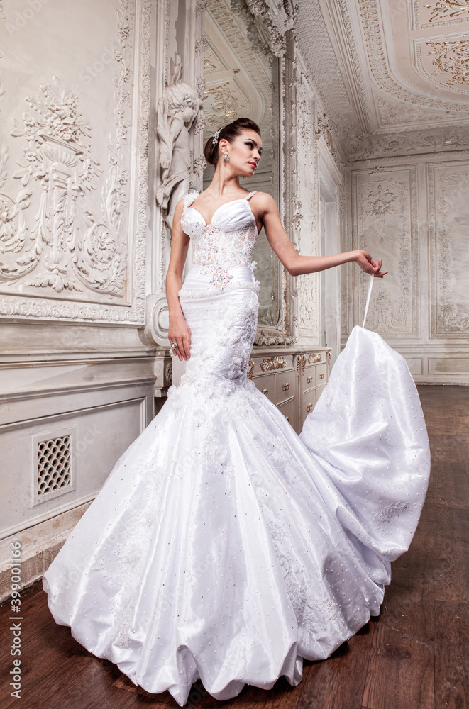 Beautiful bride in a white wedding dress in a light old classic interior Beautiful bride in a white wedding dress in a light old classic interior