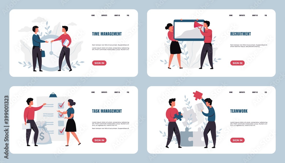 Business people landing page. Websites interface minimalist design. Teamwork and recruitment. Task management and optimization of time and workflow. Cartoon busy men and women, vector web templates