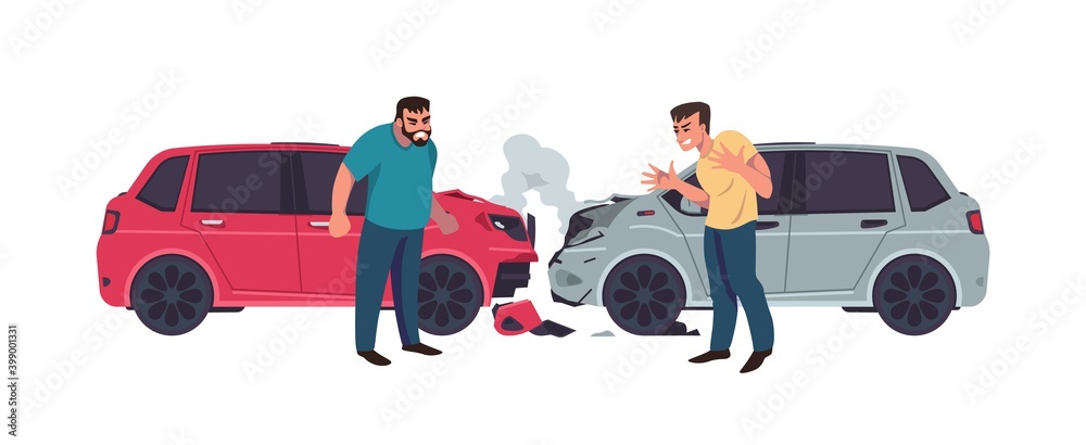 Car accident. Automobiles crash, transport collision. Cartoon aggressive men shouting. Isolated smashed vehicles smoking, damaged auto bumper. Conflict and confrontation. Vector angry drivers troubles - obrazy, fototapety, plakaty 