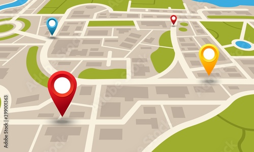 City map. Navigation plan with pointers. Location and transport moving direction. Layout of houses and buildings, streets or town squares, river and park areas. Cartography mockup, vector illustration