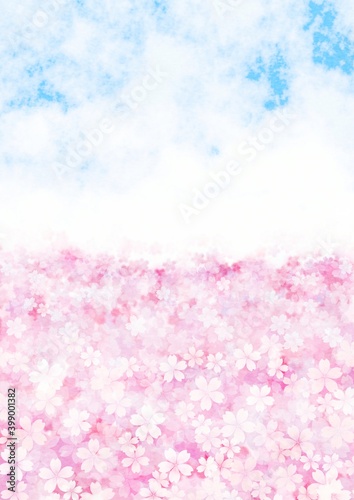 空の下で咲き広がる桜の花の背景イラスト vol.02