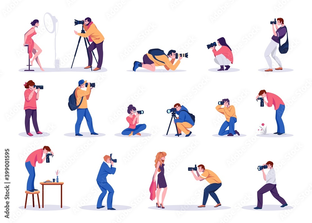 Photographers. Cartoon young men and women shoot photographs. People taking pictures of celebrity and models, food or plants. Professional cameras and studio equipment. Vector paparazzi isolated set