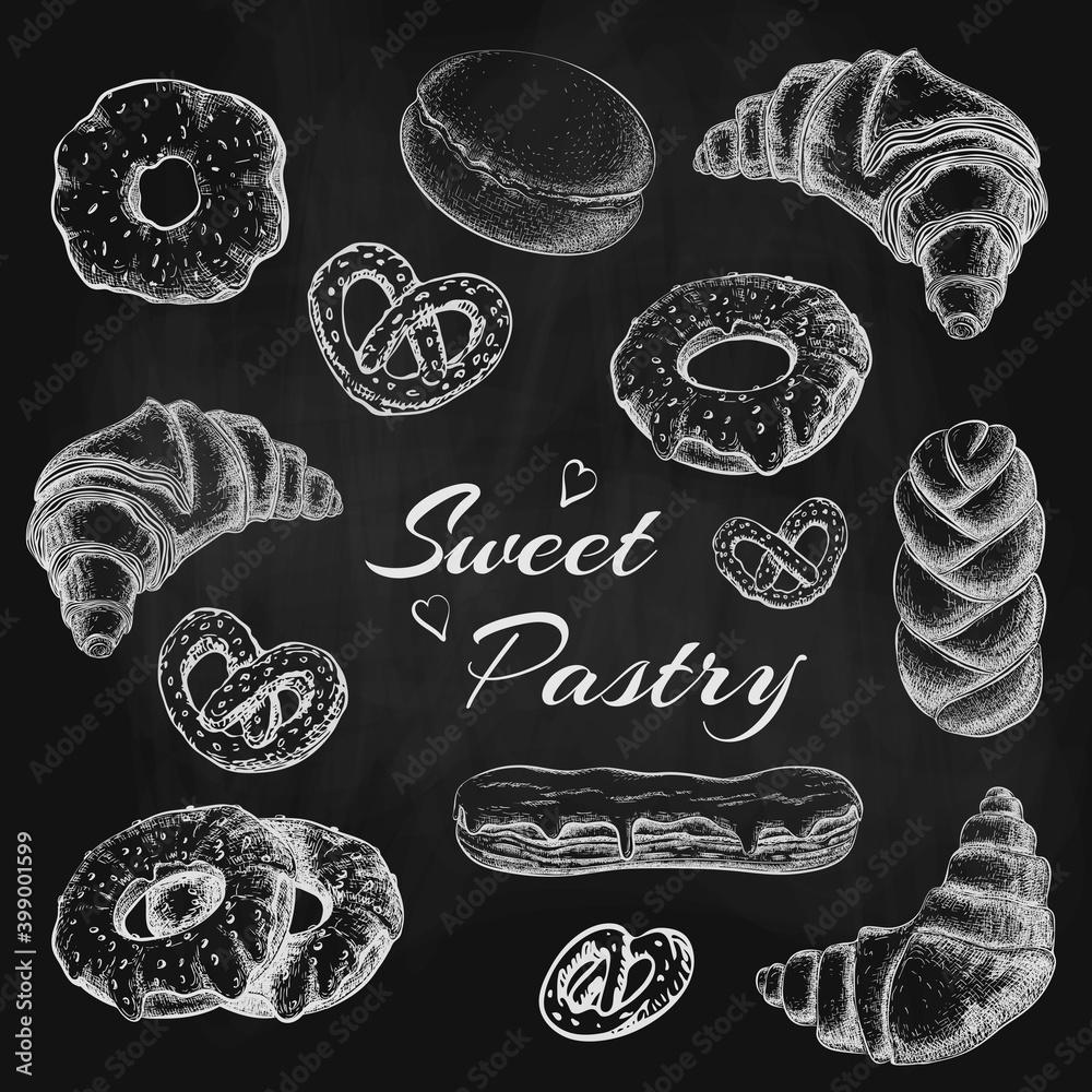 © Elena - chalk drawn donut croissant eclair, pretzel. variety pastries on black chalkboard. bakery goods illustration on blackboard. pastry chalky sketch for cafe, bakery shop menu design. vintage style. © Elena - chalk drawn donut croissant eclair, pretzel. variety pastries on black chalkboard. bakery goods illustration on blackboard. pastry chalky sketch for cafe, bakery shop menu design. vintage style.