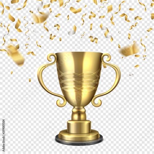 Golden cup falling confetti. Champion gold trophy, championship winners golden sports or music award ceremony poster, symbol of leadership and success vector 3d isolated on transparent background