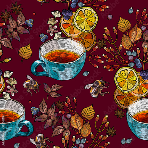 Cup of tea, carnation and wild berries seamless pattern. Embroidery style. Template for design of clothes, tapestry. Fashion autumn art