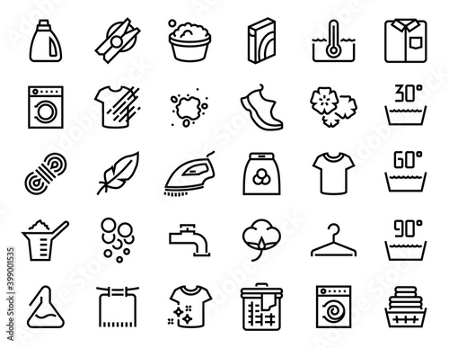 Laundry icon. Garment care guide. Outline hand and machine washing signs. Black contour symbols for clothing labels. Information about material, water temperature and detergent. Vector isolated set