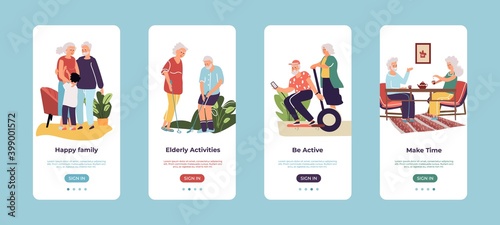 Mobile application for old people. Senior men and women play sport games, riding motorcycles, organizing meetings with family and friends. Smartphone interfaces, vector modern device screens flat set