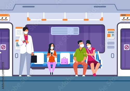 People in transport with medical mask. Cartoon men and women wearing protective respirators. Modern underground carriage interior. Epidemic quarantine isolation. Social distance. Vector illustration