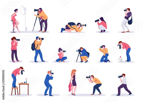 Photographers. Cartoon young men and women shoot photographs. People taking pictures of celebrity and models, food or plants. Professional cameras and studio equipment. Vector paparazzi isolated set