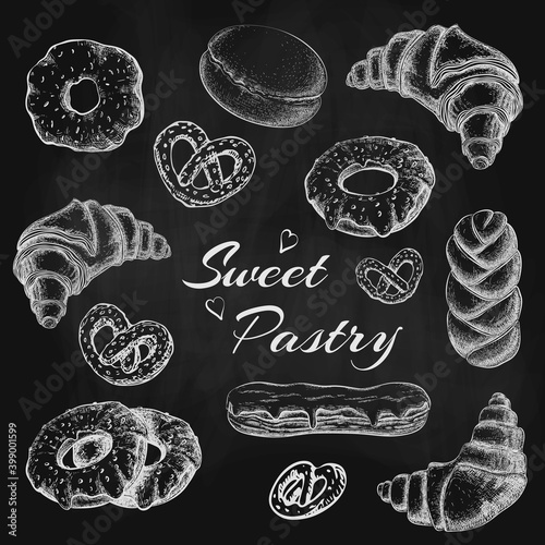 chalk drawn donut croissant eclair, pretzel. variety pastries on black chalkboard. bakery goods illustration on blackboard. pastry chalky sketch for cafe, bakery shop menu design. vintage style.